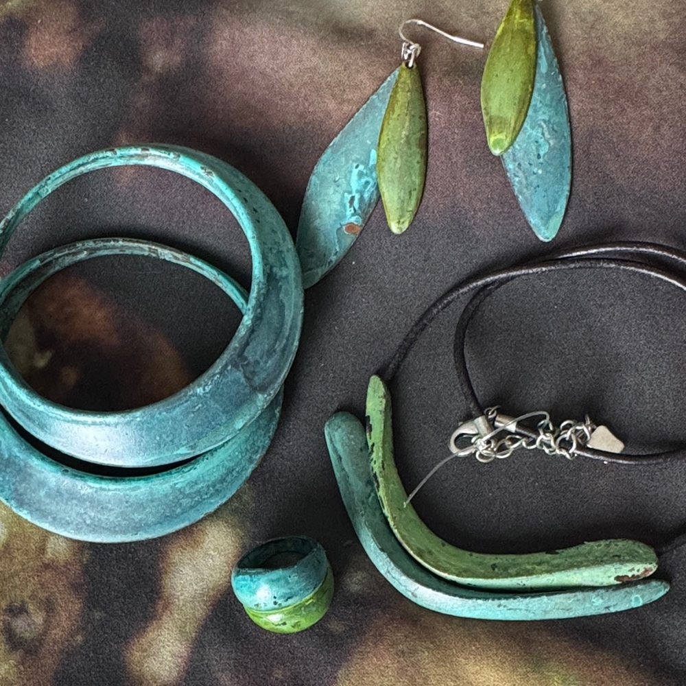 Turquoise and Green Women's Metal Bracelet Set